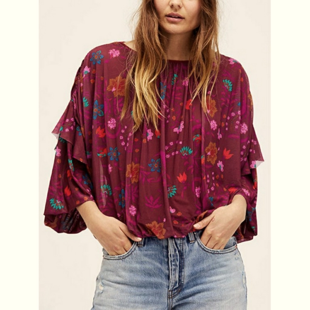 Free People 💗 Berry Combo Pink floral print ruffle accent puff sleeve top